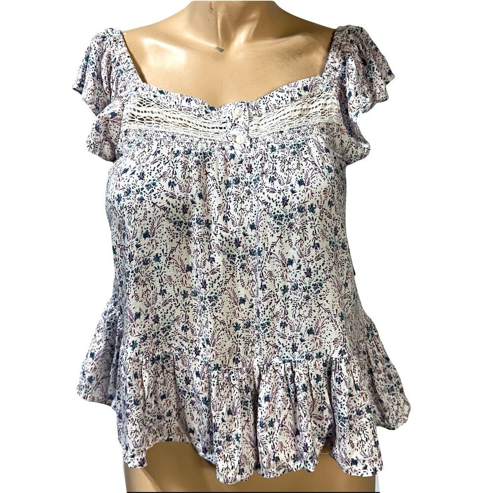 Lucky Brand Peasant Top Women’s Size S Cottage Ruffle Floral Boho Prairie NWT